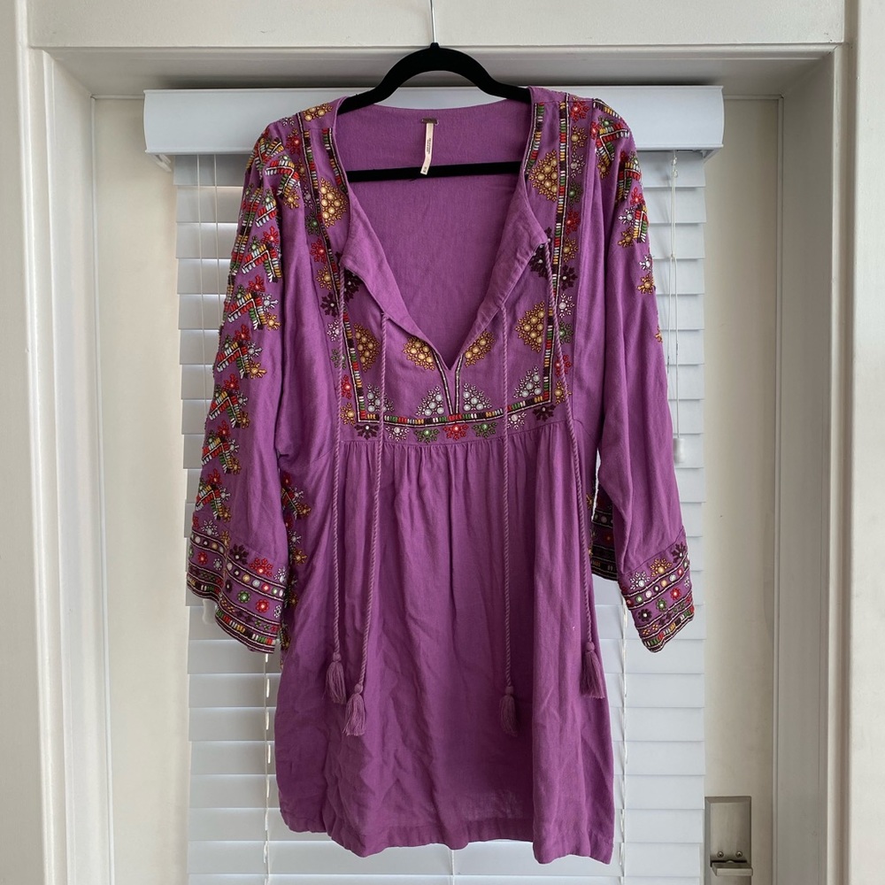 Free People Embroidered Tunic Dress - Purple, Size Medium